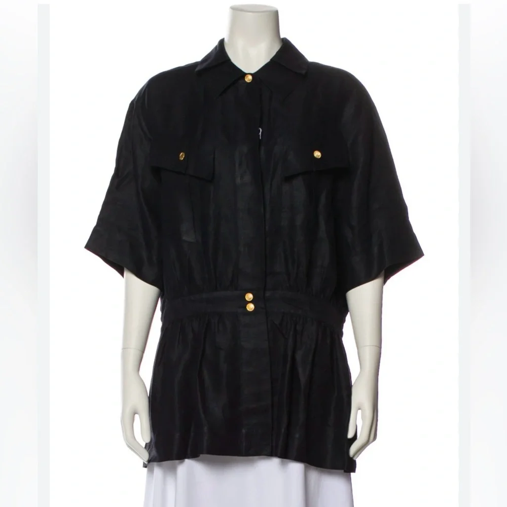 CHANEL Archival 06P Black Linen Cinched Waist Safari Blouse